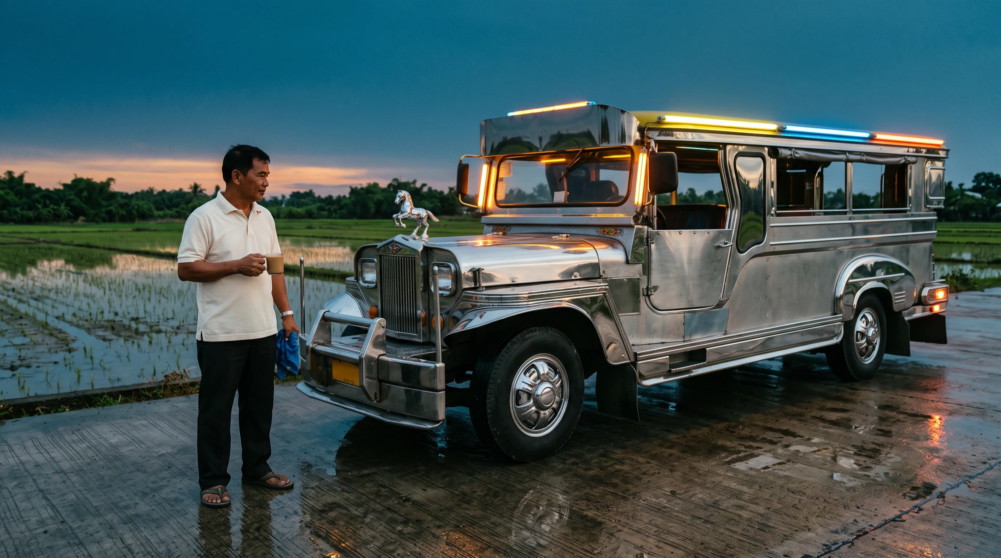 An operator in a white polo stands back on a wet concrete apron beside a rice field at dawn, a mug of coffee in one hand and a folded rag in the other, looking at his stainless-bodied jeepney with its light valance still burning.