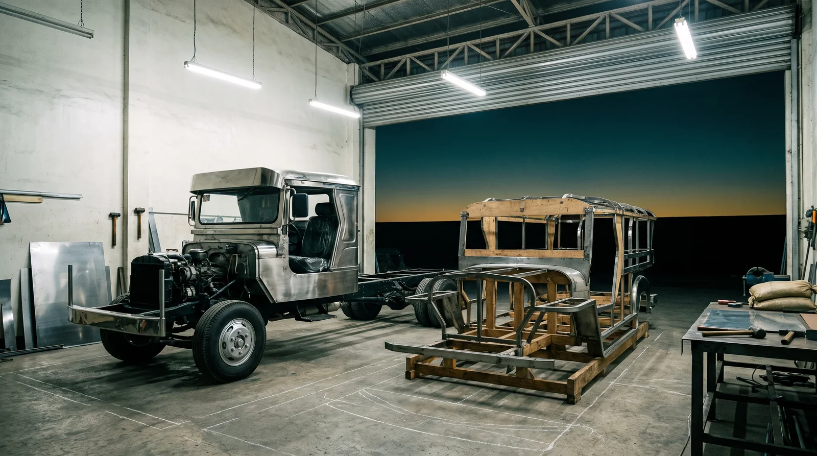 Inside the shop before dawn: a bare chassis with its cab and engine on the left, a wooden forming buck on the right, chalk layout lines on the concrete floor, and the open roller door showing a teal sky with a gold band.
