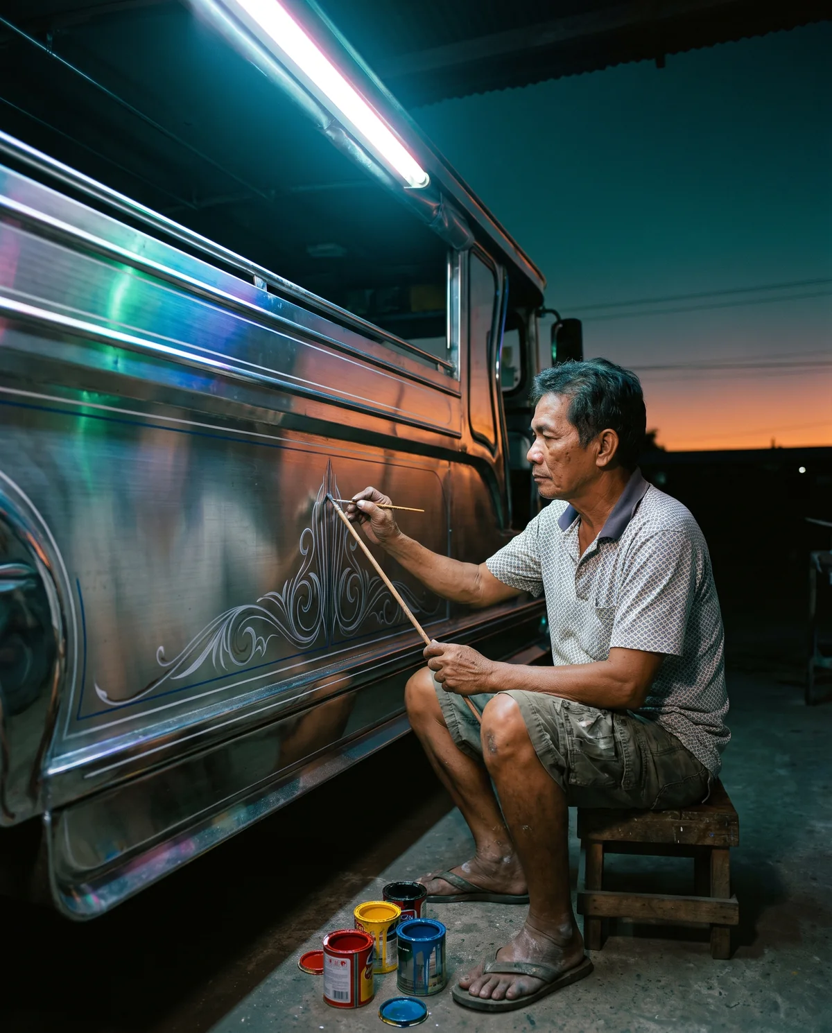 A sign painter sits on a low stool beside a jeepney flank, steadying his brush hand on a mahl stick, laying a silver scroll flourish onto the stainless panel under a fluorescent tube.