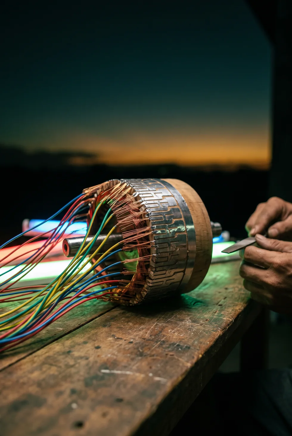 A hand-built lantern rotor: a steel barrel banded with cut strips, dozens of fine wire hairpins resting on it, and bundles of coloured wire fanning away across a worn bench.